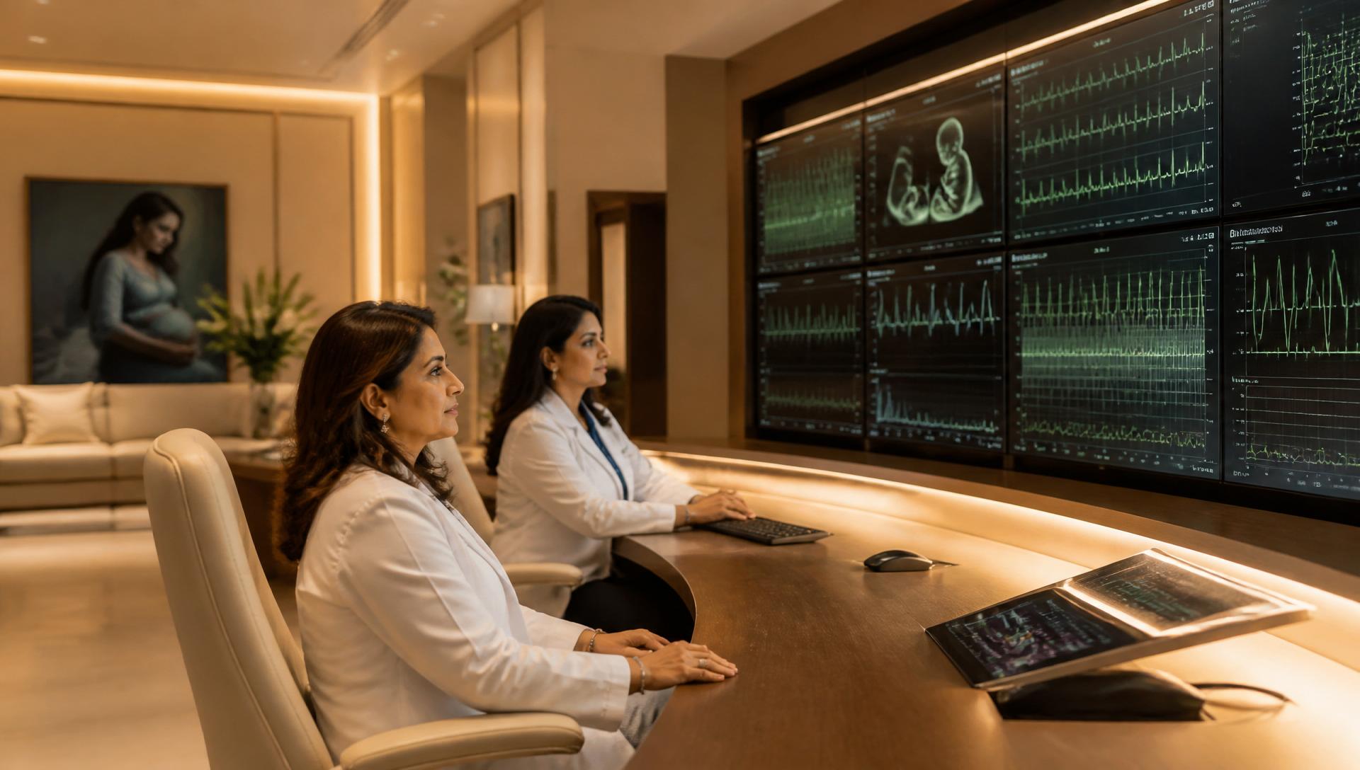 Two senior Indian doctors in lab coats watching live maternal and fetal dashboards at the Wombly command centre