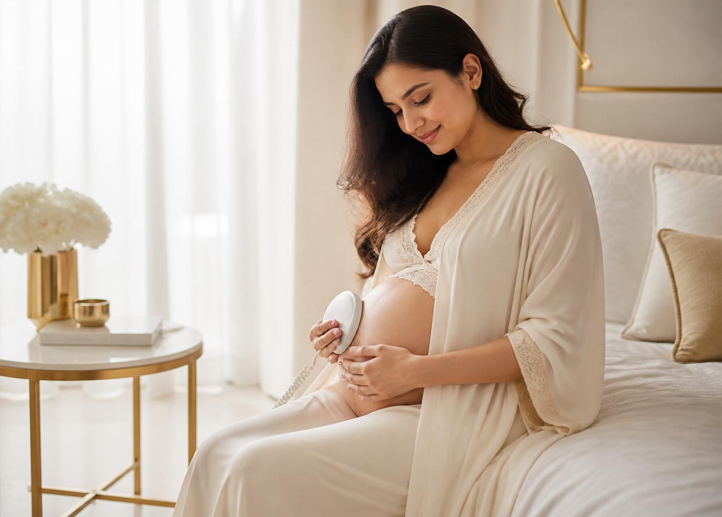An elegant expectant Indian mother using a handheld fetal Doppler at home