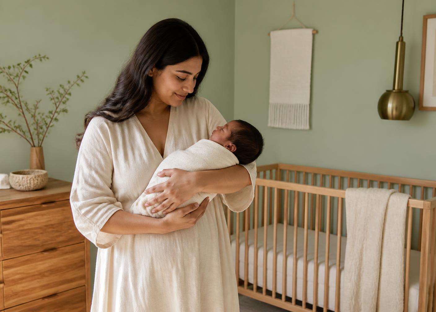 An elegant young Indian mother cradling her newborn in a serene nursery